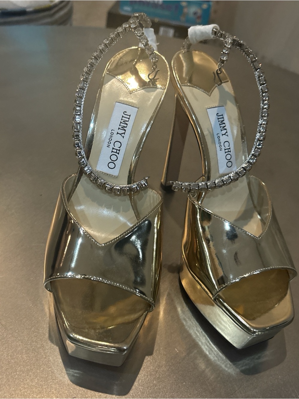 Jimmy Choo Gold Metallic Platform Sandals with Crystal Ankle Straps